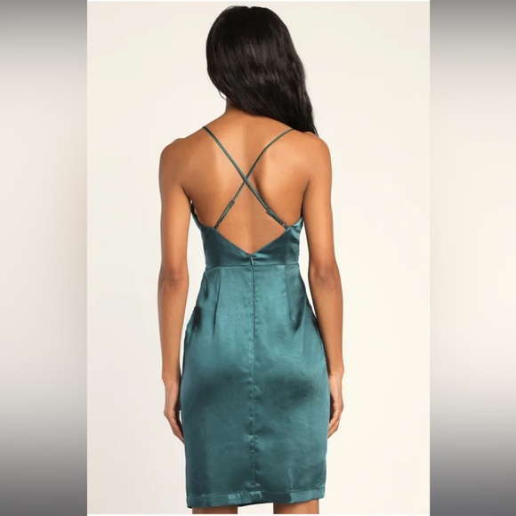 Hot Night Out Teal Green Satin Surplice Faux-Wrap Dress - Picture 5 of 6